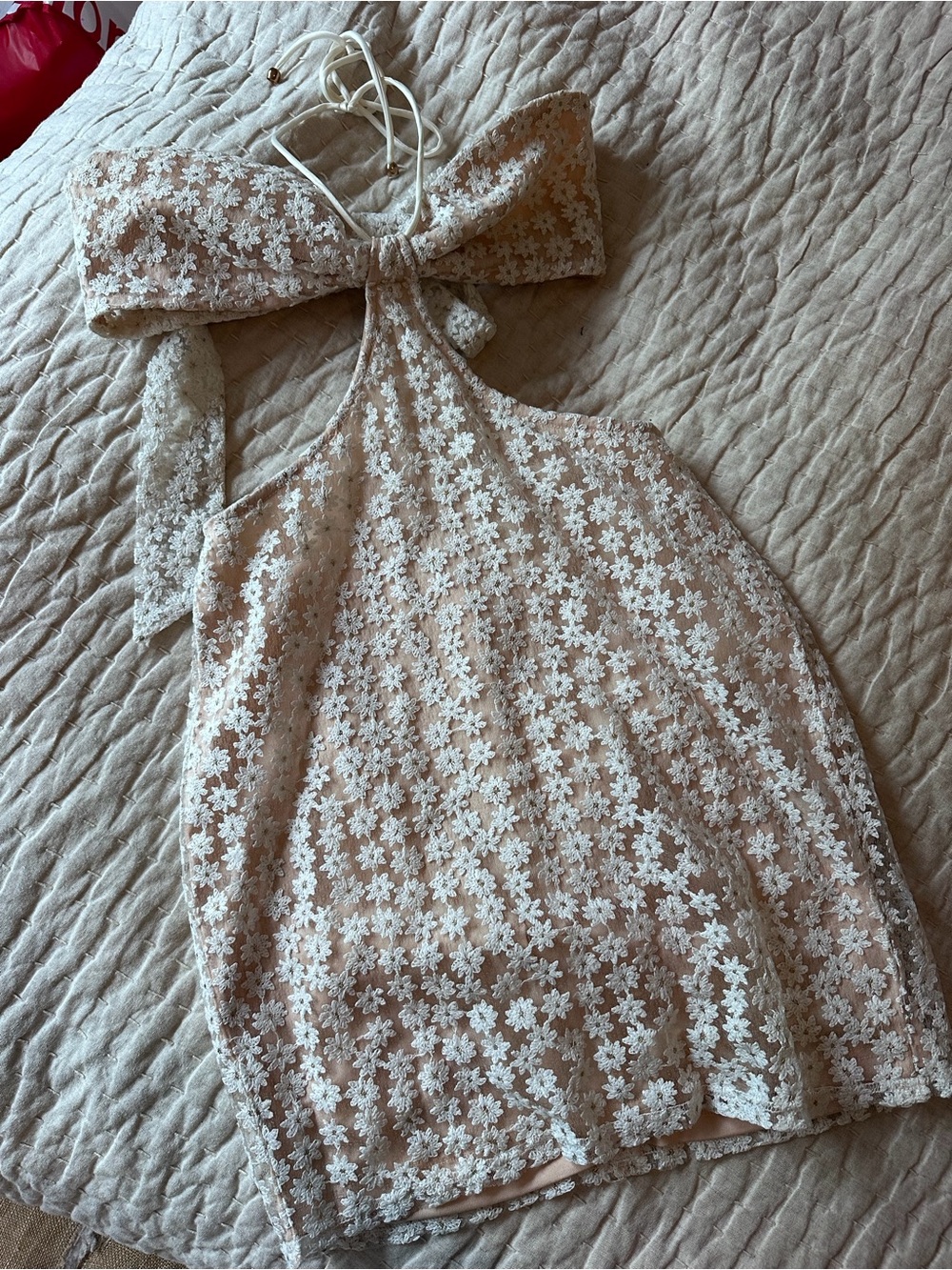 Angel Biba Blush and White Floral Lace Halter Dress